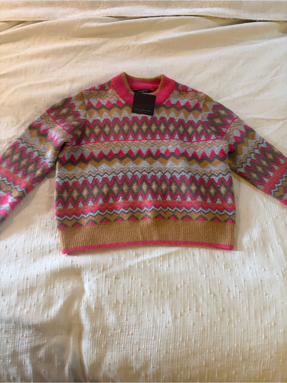 Marc New York Multicolor Fair Isle Crewneck Sweater with Pink Trim